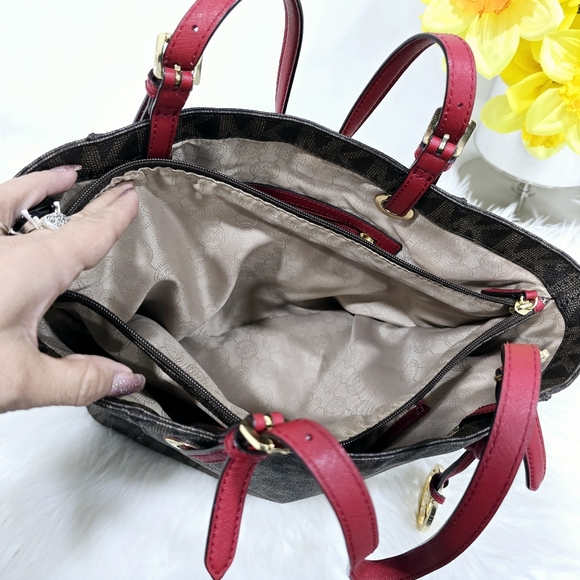 Michael Kors Jet Set Brown/Cherry Signature Logo Tote Shoulder Bag - Picture 14 of 16